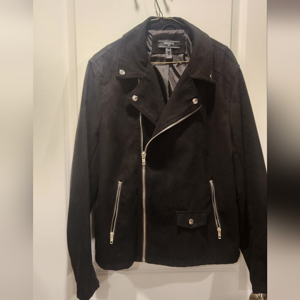 Mens Forever 21 Size L Charcoal Polyester Jacket Biker Jacket